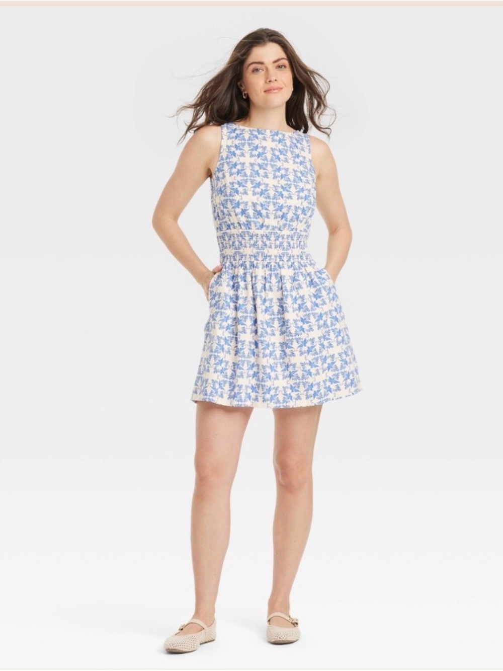 Universal Thread Blue Cream Ikat Smocked Mini Dress Sz M Boat Neck Open Back
